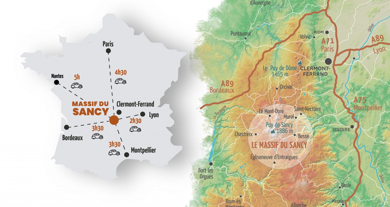 Carte de situation du Massif du Sancy par rapport aux axes autoroutiers