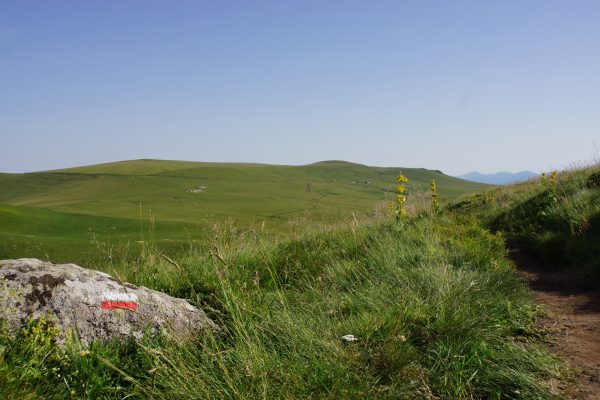 En randonnée itinérante dans le Puy-de-Dôme, suivez le balisage spécifique blanc et rouge.