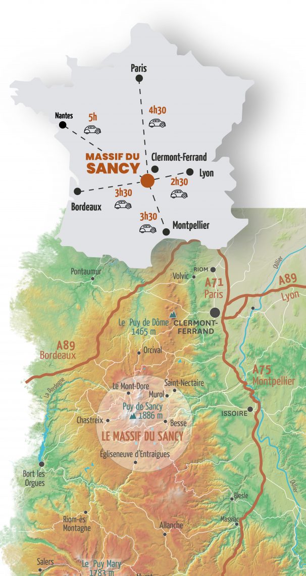 Carte de situation du Massif du Sancy par rapport aux axes autoroutiers